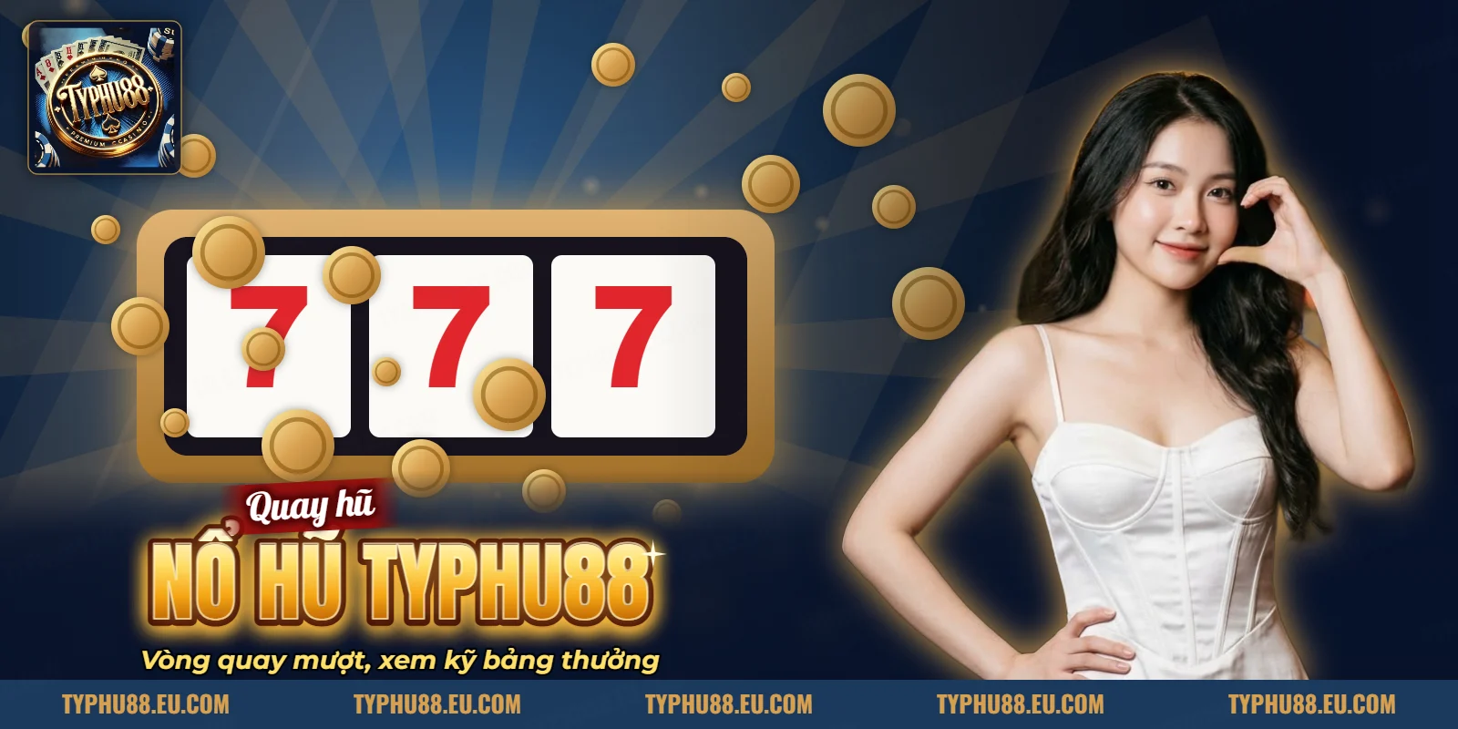 Biểu tượng 777 và đồng xu trong banner nổ hũ TYPHU88 Biểu tượng 777 và đồng xu trong banner nổ hũ TYPHU88